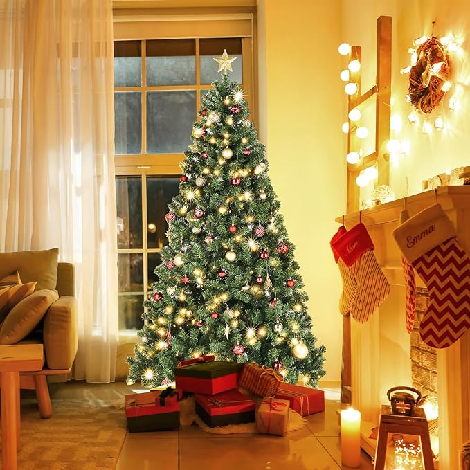 VINGLI 6ft Prelit Artificial Christmas Pine Tree with 250 Warm White Lights, Xmas Tree Holiday Party Decorations with Stabilized Metal Stand, Full 900 Tips Branch, 8 Color Modes, Green