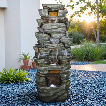 SunJet 79" High Multi-Tiers Cascading Rock Outdoor Water Fountain with LED Lights - Large Outdoor Fountains and Waterfalls for Garden or Patio, Yard, and Deck Decor, Featuring Natural Stone Look