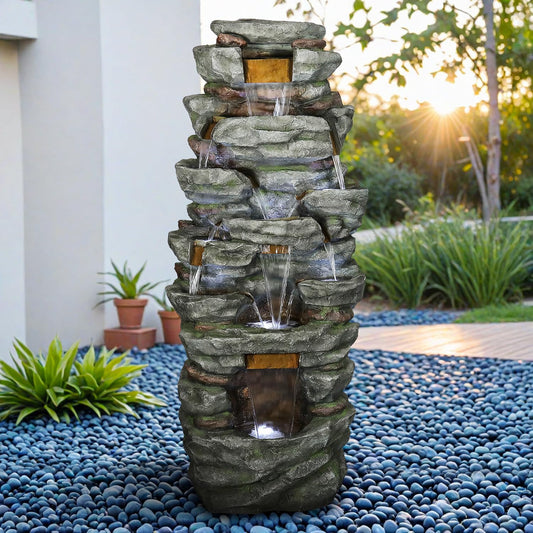 SunJet 79" High Multi-Tiers Cascading Rock Outdoor Water Fountain with LED Lights - Large Outdoor Fountains and Waterfalls for Garden or Patio, Yard, and Deck Decor, Featuring Natural Stone Look