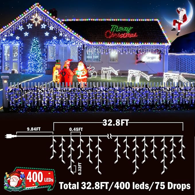 KNONEW Christmas Lights Outdoor Decorations 400 LED 33ft 8 Modes Curtain Fairy String Light with 75 Drops, Clear Wire LED String Light Indoor Decor for Wedding Party Christmas (Blue and White)