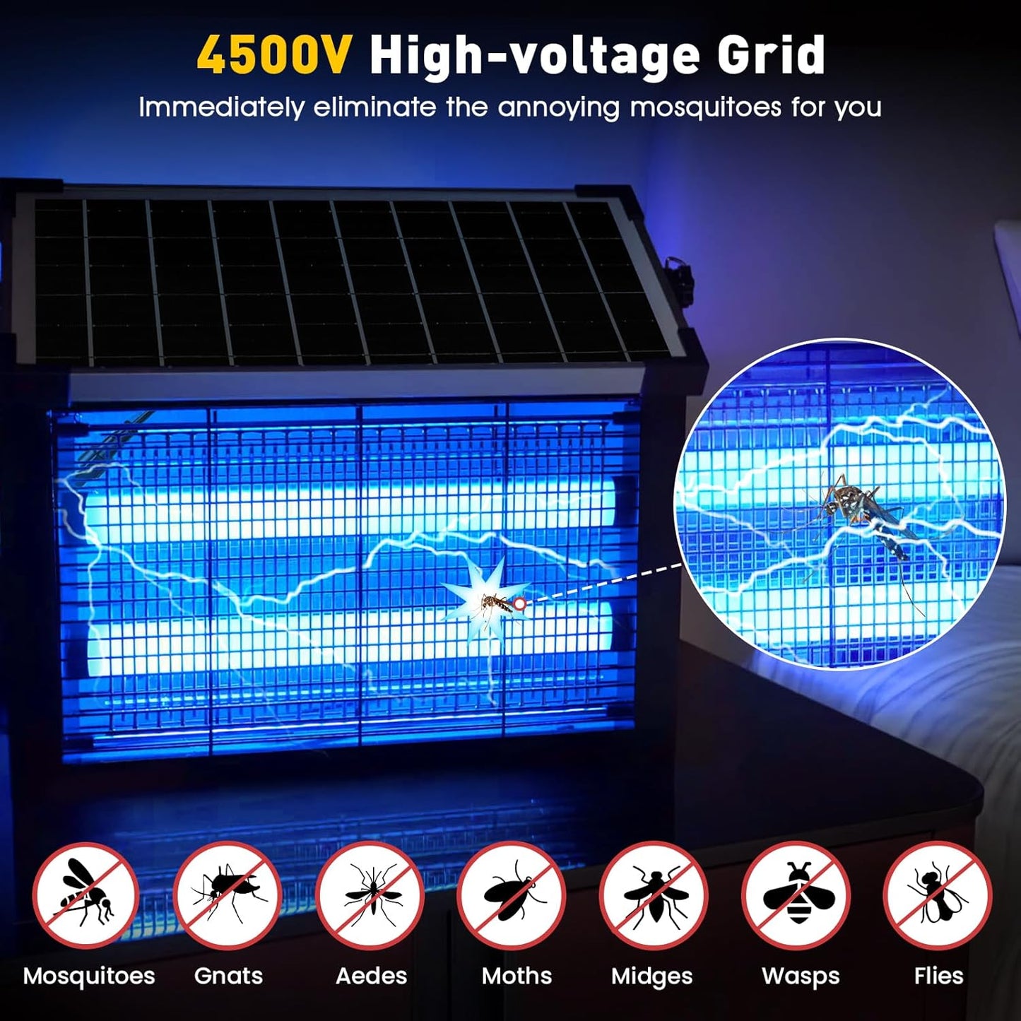 Bug Zapper Outdoor Solar Powered, Zwiran Mosquito Zapper Indoor with 4500V High Powered, Electric Fly Zapper with Extension Cord and Grounding Bracket, Rechargeable Waterproof Mosquito Killer