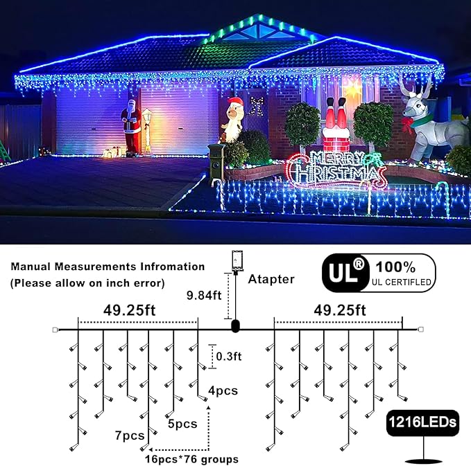 Icicle Christmas Lights Outdoor 99ft 1216 LED Icicle Lights for Outside 8 Modes with 228 Drops, Waterproof Plug in Blue Christmas Light for House Indoor Party Holiday Wedding Halloween Decorations