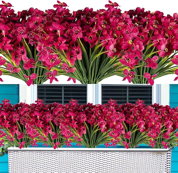 20 Bundles Artificial Flowers Outdoor UV Resistant Fake Flowers No Fade for Patio Porch Window Box Home Wedding Farmhouse Decor (Rose Red)