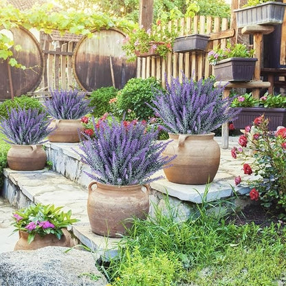 Ouddy Decor 12 Bundles Artificial Lavender Fake Flowers Faux Plastic Plants for Home Wedding Kitchen Garden Patio Window Box Office Table Centerpieces Indoor Outdoor Decor, Gray Purple