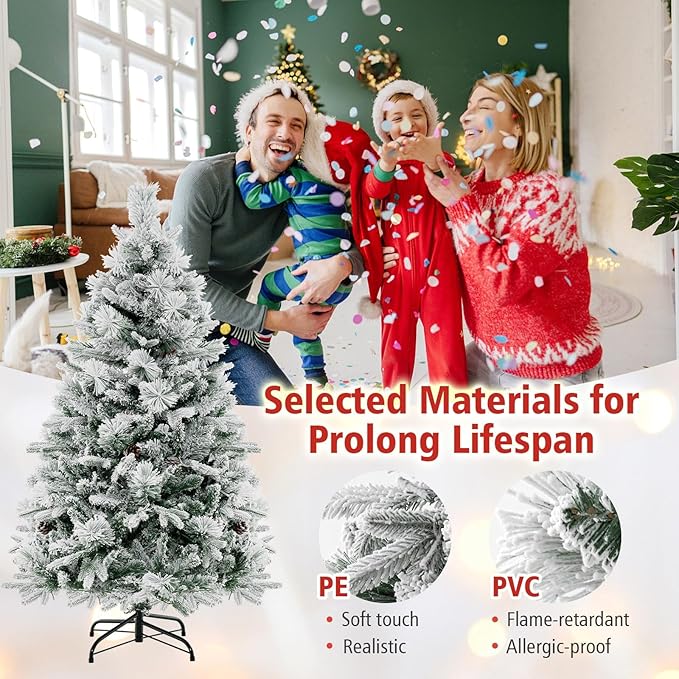 HAPPYGRILL 4.5 FT Pre-lit Artificial Christmas Tree, Snow-Flocked Xmas Tree with 160 Multi-Color LED Lights, 8 Lighting Modes, 472 Branch Tips, Pine Needles, Hinged Tree for Home Office Party