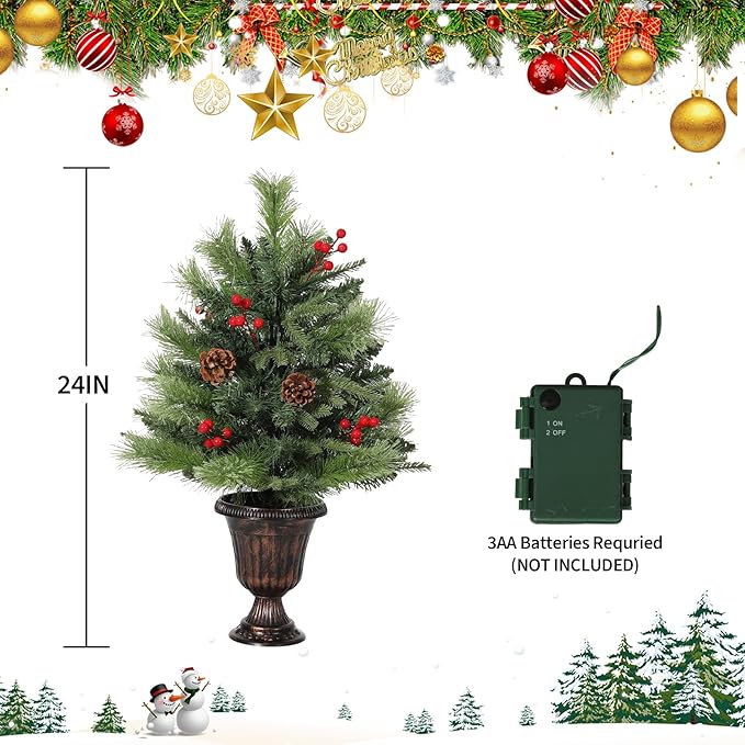 GarveeHome 2 Ft Artificial Mini Christmas Tree, Tabletop Christmas Tree with 40 LED Warm Lights, Mini Xmas Tree with Pine Cone & Red Berry for Tabletop, Home, Office, Holiday, Indoor and Outdoor Decor