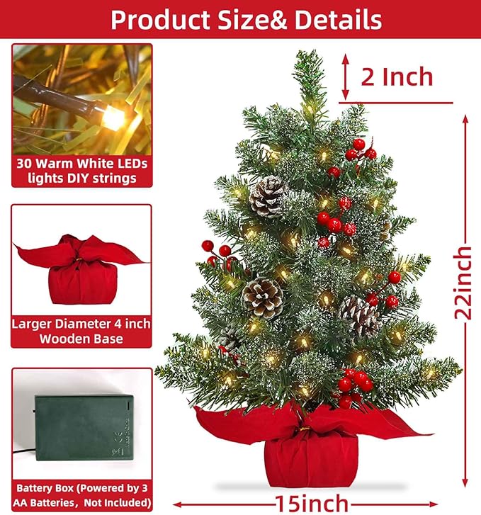 22 Inch Tabletop Christmas Tree with Lights Timer, Snowy Artificial Small Christmas Trees Battery Operated 30 Warm Lights Red Berries Pine Cone Stable Base Mini Tree Xmas Decorations Indoor Holiday
