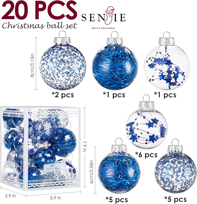 Christmas Ornaments Ball Set-Shatterproof Clear Plastic Decorative Baubles for Xmas Tree House Holiday Wedding Party Decoration,20pcs Blue