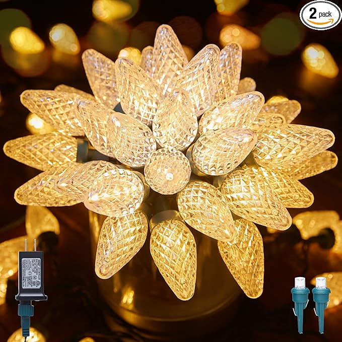C9 LED Christmas Lights Outdoor, 81 Feet 100 LED String Light with Timer & 8 Lighting Mode, Waterproof Commercial Grade Christmas Tree Lights for Outside Indoor Roofline Patio, Warm White|2 Pack
