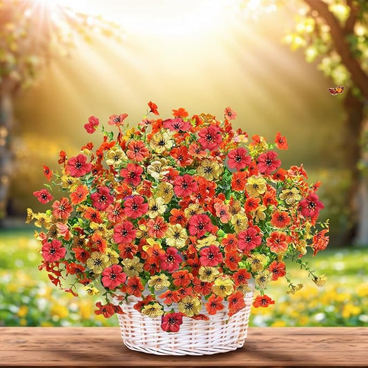 SHIAWASENA Realistic Outdoor Fake Plants Flowers, Artificial Flowers, UV Resistant, 12 Bundles Faux Silk Colorful Violet Flowers Bouquet with Eucalyptus (Yellow & Orange & Red)