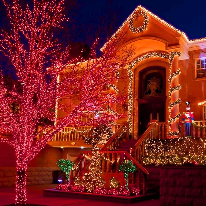 Dazzle Bright Christmas String Lights, 132FT 400 LED Connectable Green Wire 8 Modes String Lights, Waterproof Christmas Lights for Indoor Outdoor Patio Party Wedding Decorations, Red