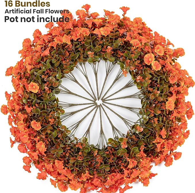Artificial Fake Mums for Outdoor 16 Bundles Fall Orange Morning Glory for Halloween Decorations