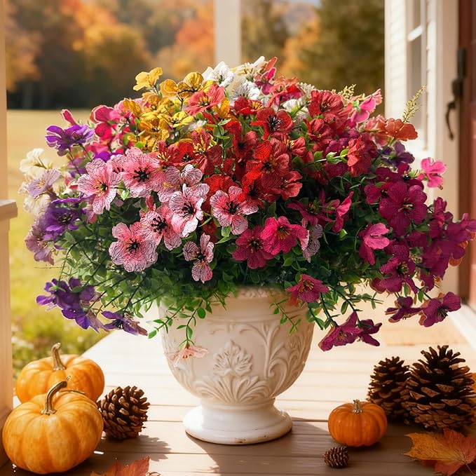 YHJZ Artificial Flowers Plants for Outdoor Indoor Garden Home Decoration Faux UV Resistant Silk Violet Flowers for Outside Planter Front Door Porch Yard Patio Window Box Home Decor(18 Bundles)