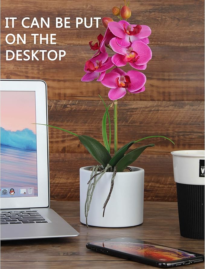 Jusdreen Artificial Purple Orchid, Phalaenopsis in Ceramic Pot with Vase for Home Office Table Decor, Flower Centerpiece