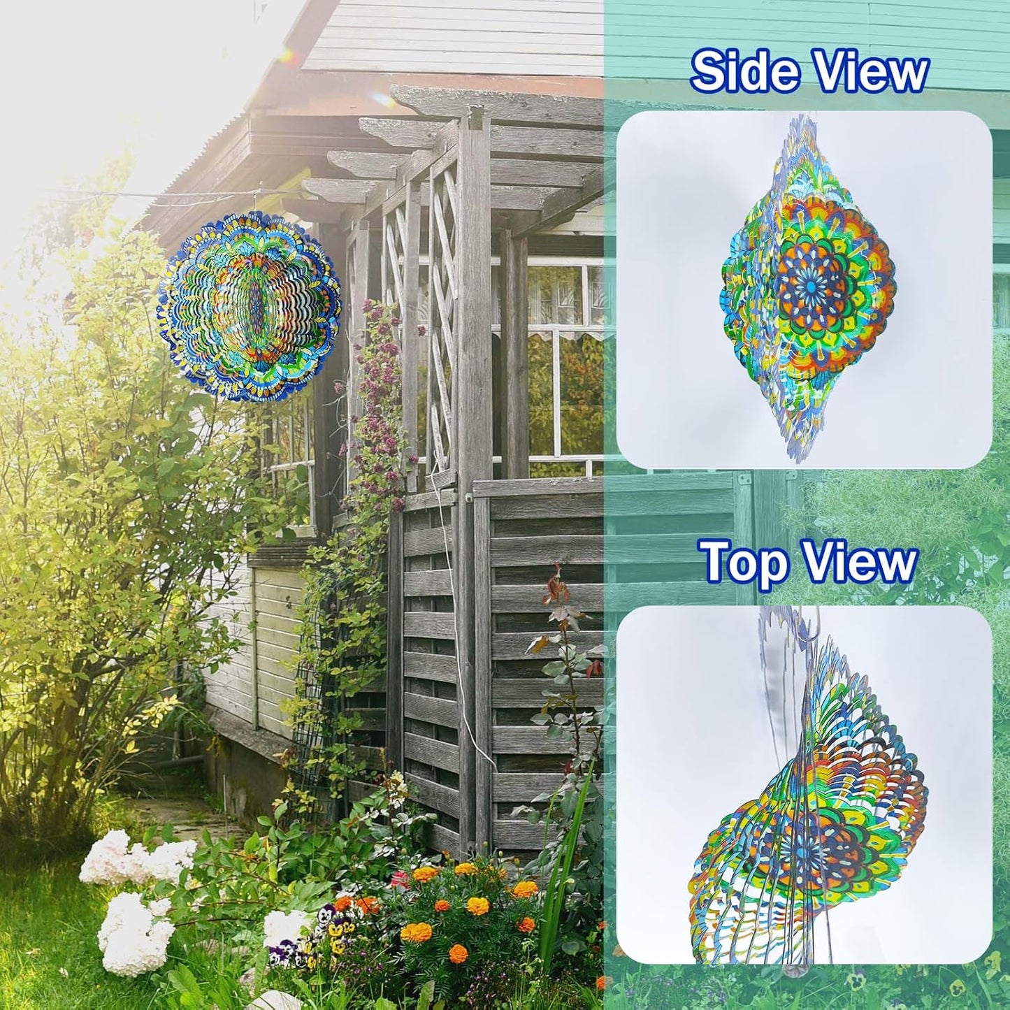 Wind Spinners Flowers Lucky Star 12 inch 3D Stainless Steel Laser Cut Metal Art Geometric Pattern Wind Sculpture Hanging for Yard Garden Decorations Gifts Indoor Outdoor