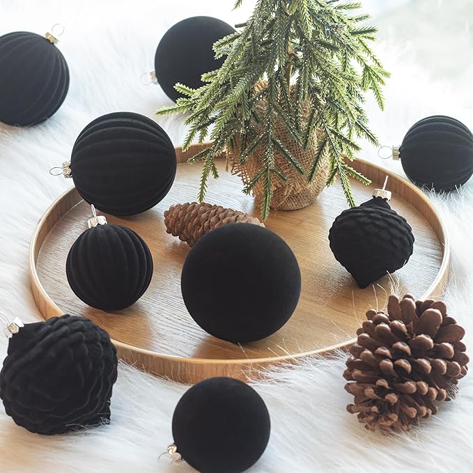 KI Store Black Velvet Christmas Balls 25pcs Flocked Christmas Tree Ornaments for Xmas Holiday Hanging Decor