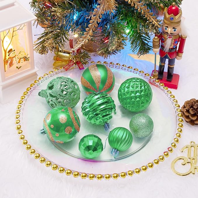 100PCS Christmas Ball Ornaments, Assorted Shatterproof Christmas Tree Decorations, Seasonal Decorative Hanging Baubles Decor Set for Xmas/Holiday/Party, Glitter&Painting Ornament Set (Green Gold)