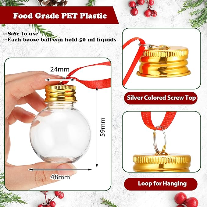 Patelai 18 Pcs Christmas Drink Balls Clear Shot Glass Ornaments Xmas Tree Fillable Ornaments Plastic Xmas Water Bottle Bulbs for Holiday Party Decorations (Round,50 ml)