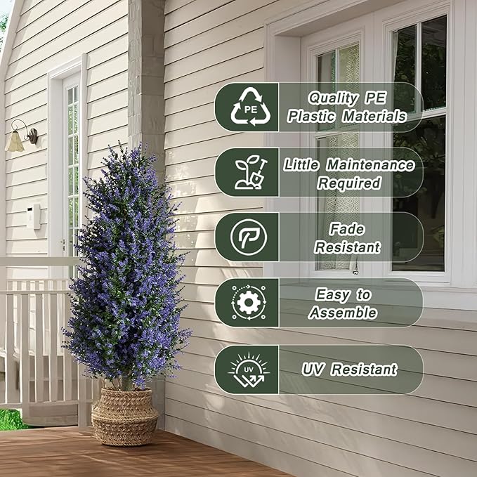 MGWILL 3FT Artificial Lavender Topiary Tree, Set of 2 Artificial Shrubs Fake Bushes with Spike, Faux Lavender Plants for Porch, Artificial Plants for Outdoor Planters Indoor UV Resistant