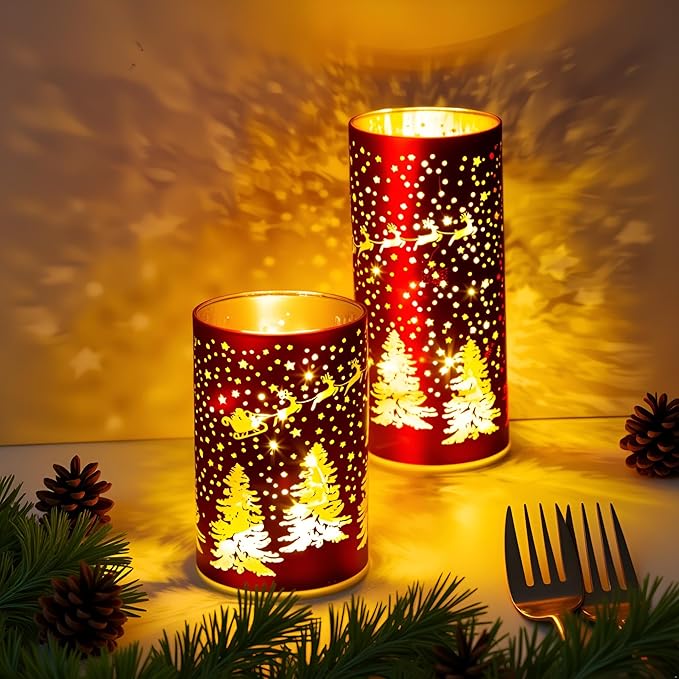 Christmas Decorations Indoor,Mercury Glass Lights with Timer,Battery Powered Fairy Light,LED Latern with Christmas Tree Deer Carvings, Lamps for Table Decor Home Centerpiece (Red)