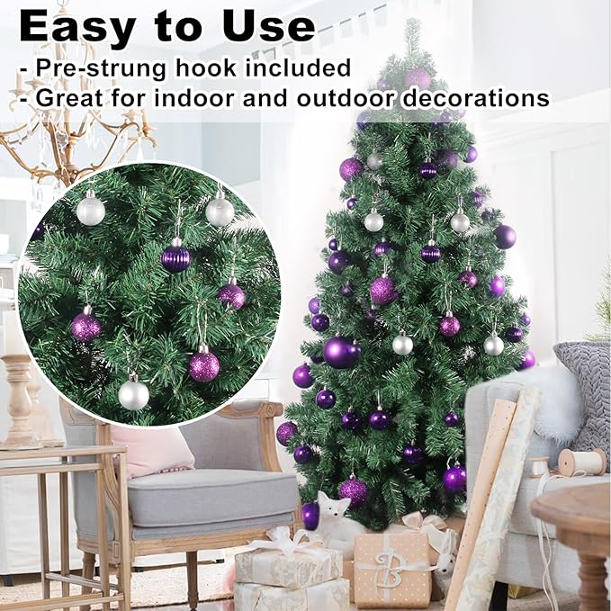 GameXcel Christmas Balls Ornaments for Xmas Tree - Shatterproof Christmas Tree Decorations Small Hanging Ball Purple & Silver 1.6 Inch x 36 Pack