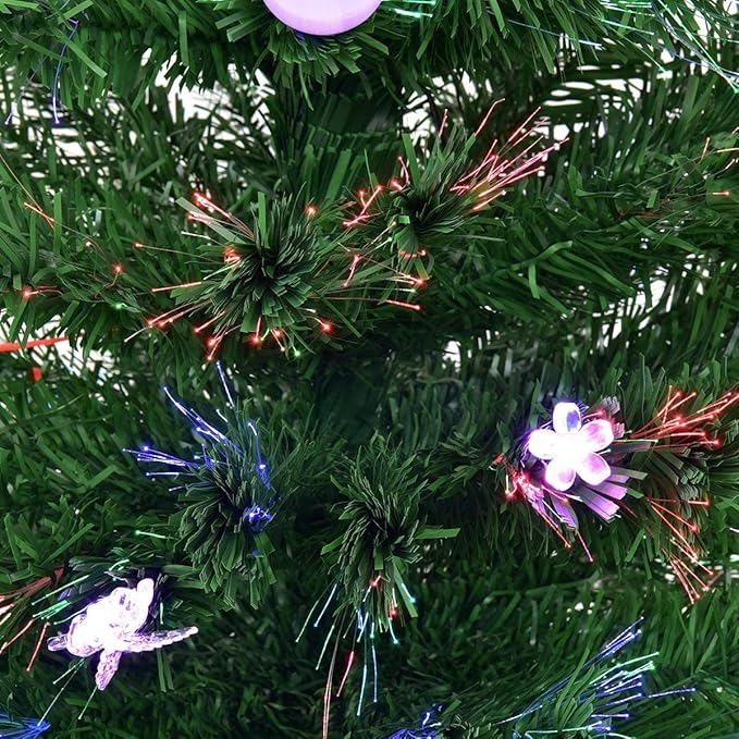 Happygrill 4FT Fiber Optic Artificial Christmas Tree, Pre-lit Xmas Tree Artificial Green Christmas Tree with Star Lights, Metal Stand, Full Xmas Tree for Holiday Decoration