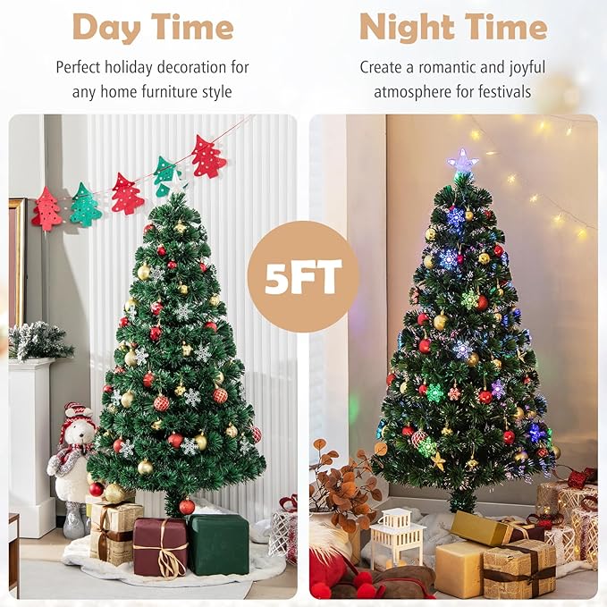 Goplus 5ft Pre-Lit Fiber Optic Christmas Tree, Artificial Xmas Full Tree with Colorful Snowflake LED Lights, 170 Branch Tips, Foldable Metal Base, for Office Home Holiday Decor