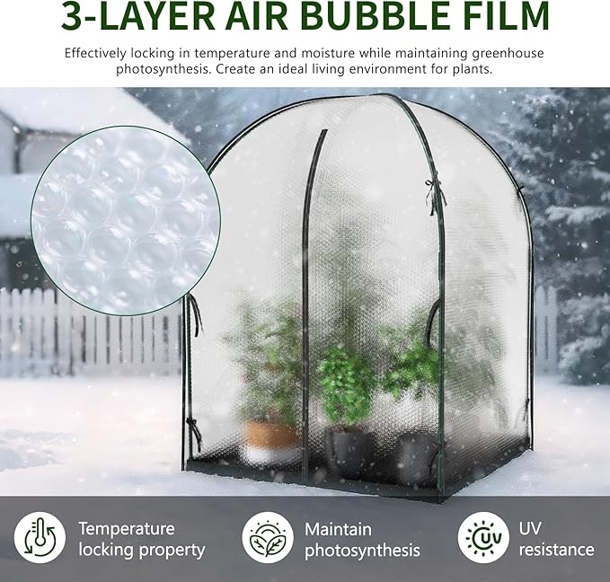 SUNYRISY Greenhouse for Outdoors with Waterproof Pad, Thick Bubble Film Cover Portable Small Mini Green House Kit for Outside, Plant Cover for Winter Plant Freeze Protection, 47" L x 47" W x 71" H