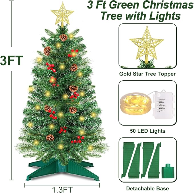 3 Ft Green Christmas Tree with Lights, Timer 8 Modes DIY 50 Warm White Lights Battery Operated Small Artifical Full Xmas Tree Pine Needles Cones Red Berry for Tabletop Home Indoor Holiday Party Decor