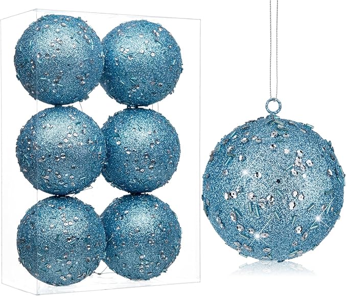 4" Large Christmas Balls Ornaments 6 Pcs Shatterproof Big Grey Blue Christmas Ornaments for Xmas Tree Bulk Glitter Big Xmas Tree Ornament for Trees Halloween Holiday Wedding Party Decoration
