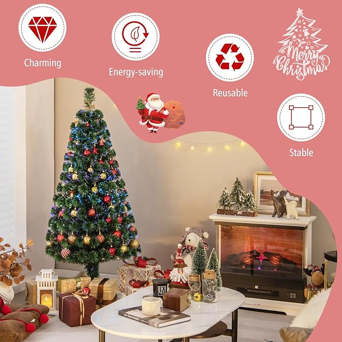 HAPPYGRILL 5FT Pre-Lit Fiber Optic Christmas Tree Artificial Christmas Tree with 170 PVC Tips, Green Xmas Tree with LED Lights for Indoor Outdoor Festival Decor