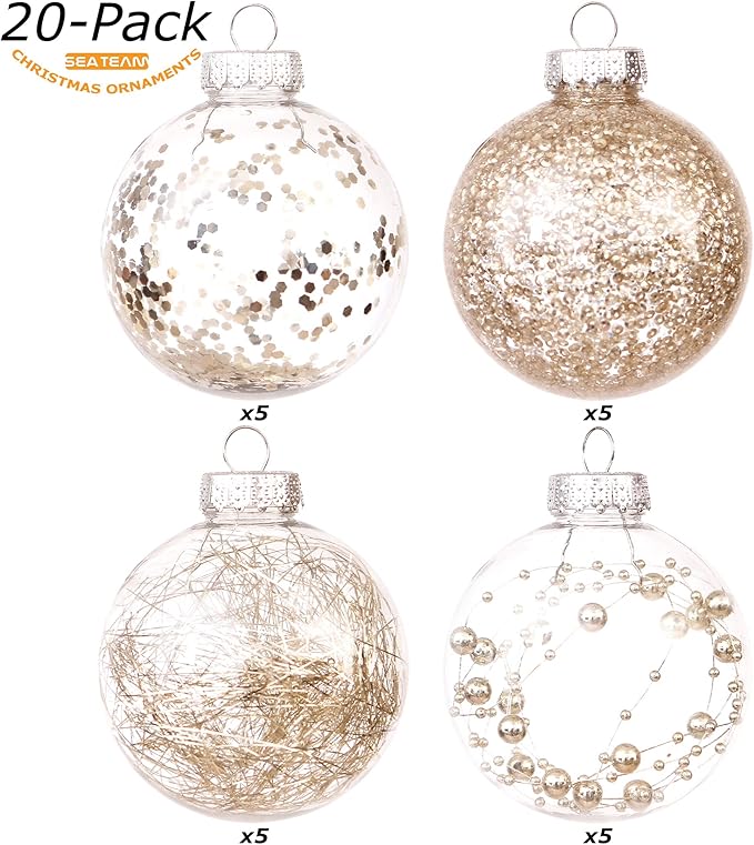 Sea Team Shatterproof Clear Plastic Christmas Ball Ornaments Decorative Xmas Balls Baubles Set with Stuffed Delicate Decorations (80mm/3.15 inch 20-Pack, Champagne)