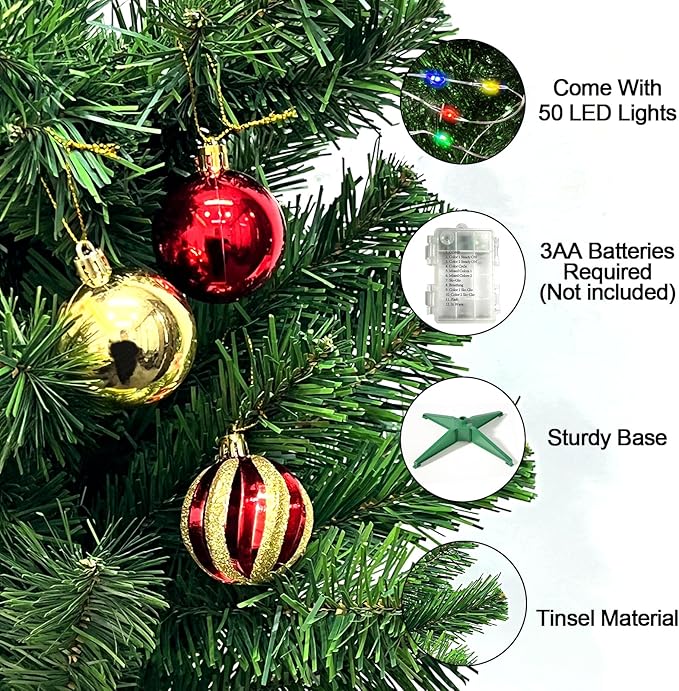[ Timer & 12 Modes ] 3 Ft Green PVC Christmas Tree with 50 Multi Color Lights DIY 15 Ball Ornaments 3D Star Small Artificial Xmas Tree for Indoor Holiday Party Decorations