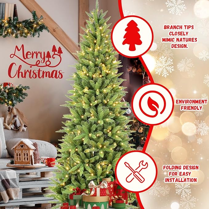 4ft Skinny Christmas Tree with 150 Warm White Lights, Premium Pre Lit Slim Artifical Christmas Tree with 424 Branch Tips, Memory Wire Hinge Narrow Xmas Trees with Foldable Metal Stand for Holiday