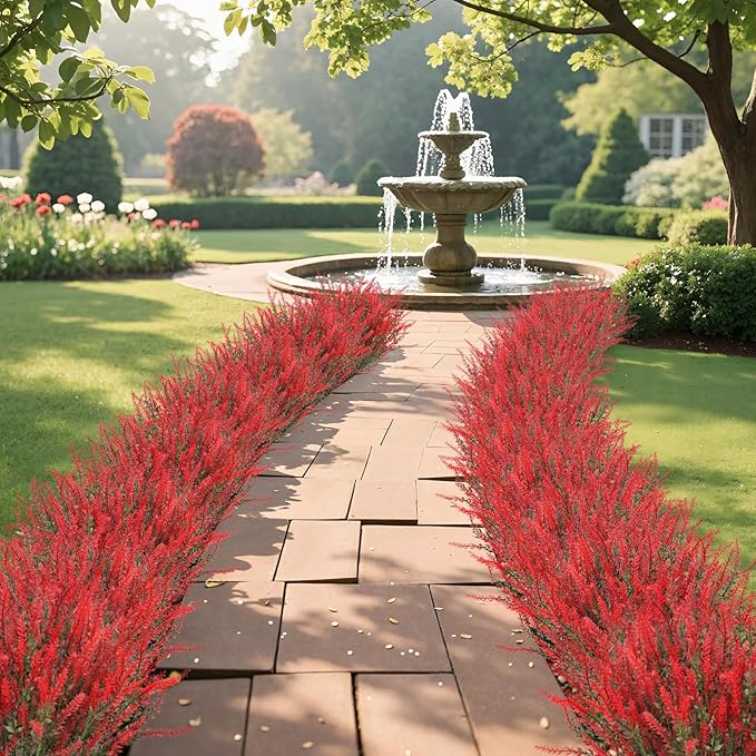 Ouddy Decor 12 Bundles Artificial Lavender Fake Flowers Faux Plastic Plants for Home Wedding Kitchen Garden Patio Window Box Office Table Centerpieces Indoor Outdoor Decor, Red