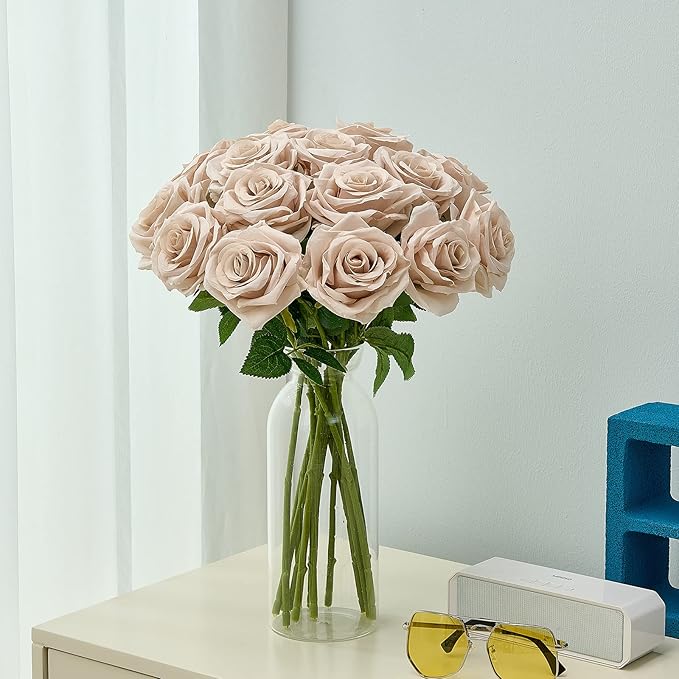 15pcs Fake Roses Artificial Silk Flowers Nude Faux Rose Flower Long Stems Bouquet for Arrangement Wedding Centerpiece Party Home Kitchen Decor (VASE is NOT INVLUDED)