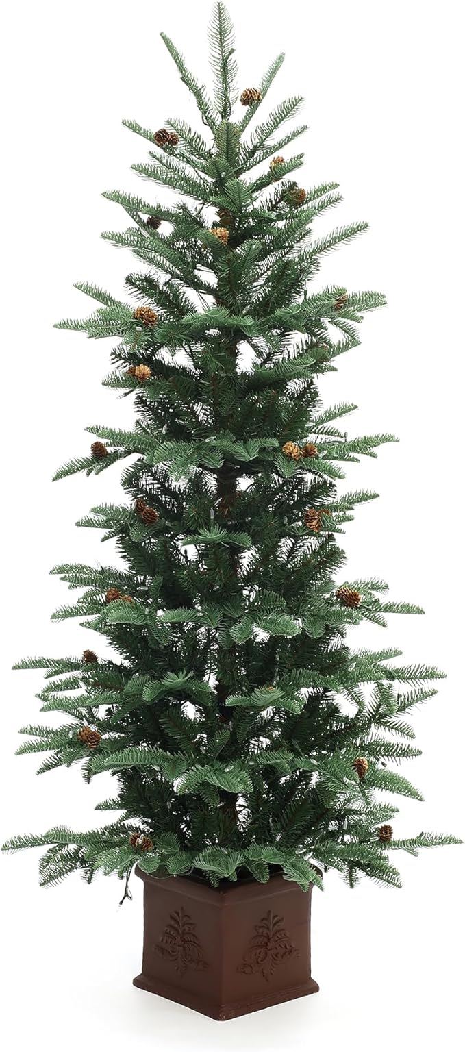 LuxenHome 5FT Potted Christmas Trees, Small Christmas Tree with 300 Warm White LED Lights, Slim Christmas Tree Pre-lit with Pine Cone and Brown Square Base, Artificial Trees for Holiday Decorations