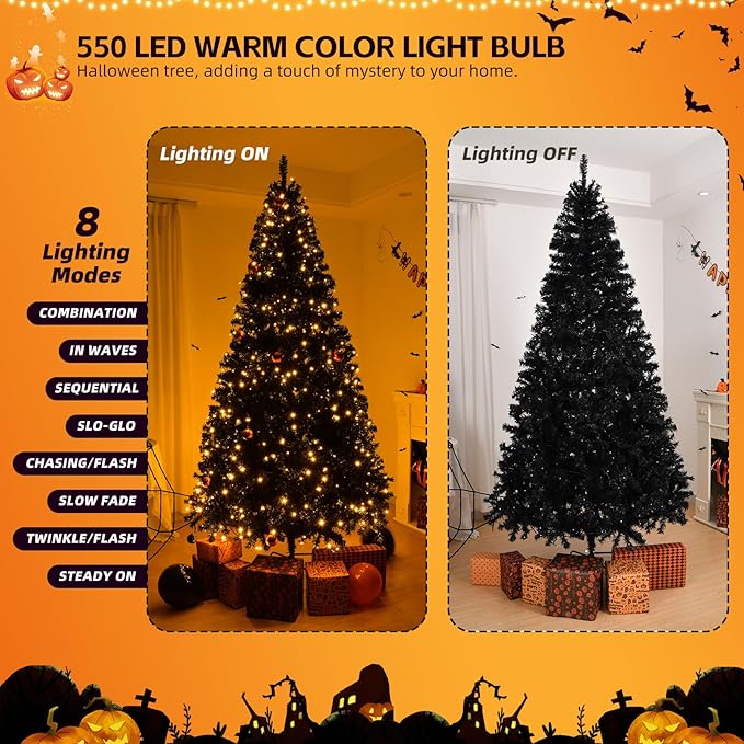 VINGLI 8ft Black Artificial Christmas Pine Tree with 550 Warm LED Lights, Pre-Lit Xmas Tree with 1450 Full Branch Tips, Sturdy Metal Stand, Large Holiday & Party Decorations, 8 Color Modes