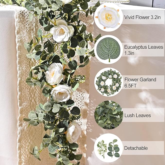 Dolicer 2 Packs 6.56Ft Eucalyptus Garland with Flowers - 8 White Roses, Artificial Flower Fake Rose Vine Faux Greenery for Wedding Backdrop Arch Table Wall Party Home Decor, Grey Green