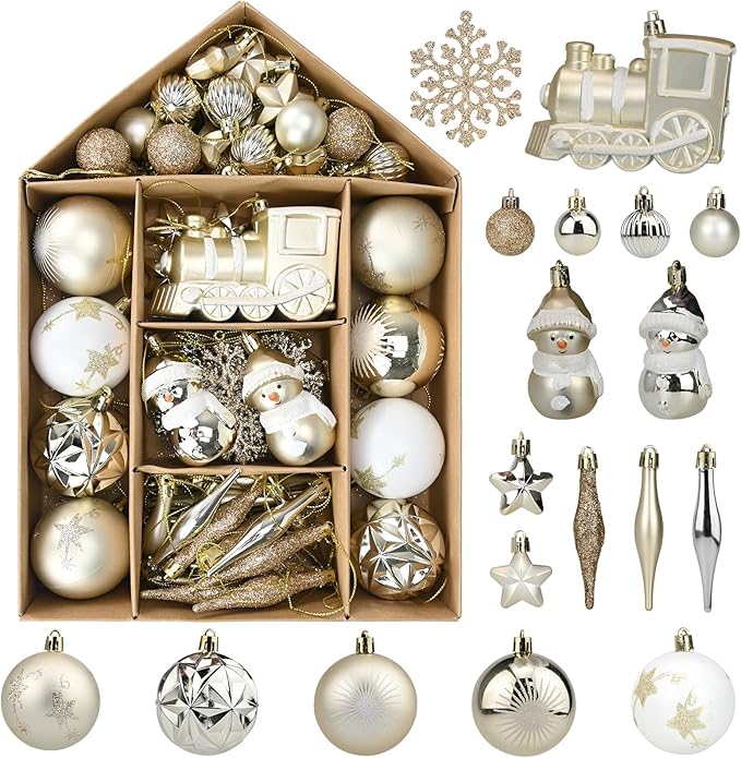 70 Pcs Christmas Ball Ornaments Set，Shatterproof Gold Ornaments for Xmas Tree，Christmas Ball Tree Hanging Ornaments for Christmas Decoration (Gold)