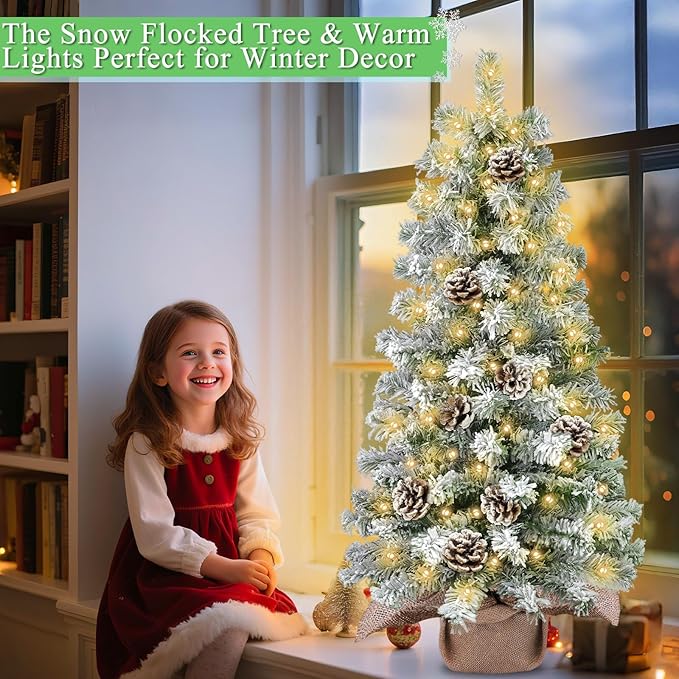 Timer - 3 Ft Artificial Mini Christmas Tree, Thick Snow Flocked Tabletop Christmas Tree with 50 Warm White Lights Battery Operated 102 Snowy Branches 12 Pinecones Burlap Base Xmas Decor Home Indoor