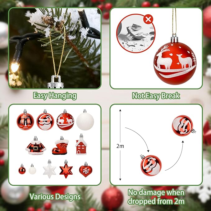 48PCS Christmas Balls Ornaments Set,Shatterproof Plastic Ball Set with Hanging Strings,Hanging Ball Ornaments for Xmas Christmas Tree Decorations,Early Ideas