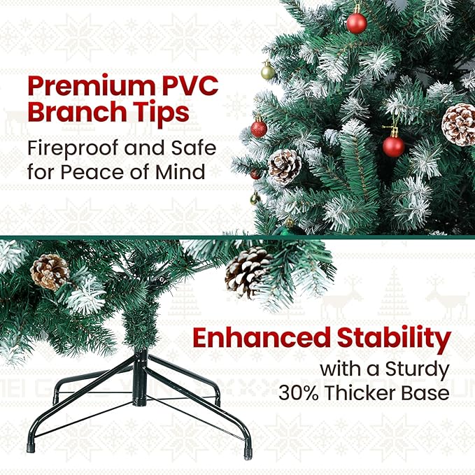 7ft Green Artificial Christmas Tree with Pine Cones and Snow Flocked Branches, Realistic Full Shape Xmas Tree with Sturdy Metal Stand for Indoor Holiday Decoration