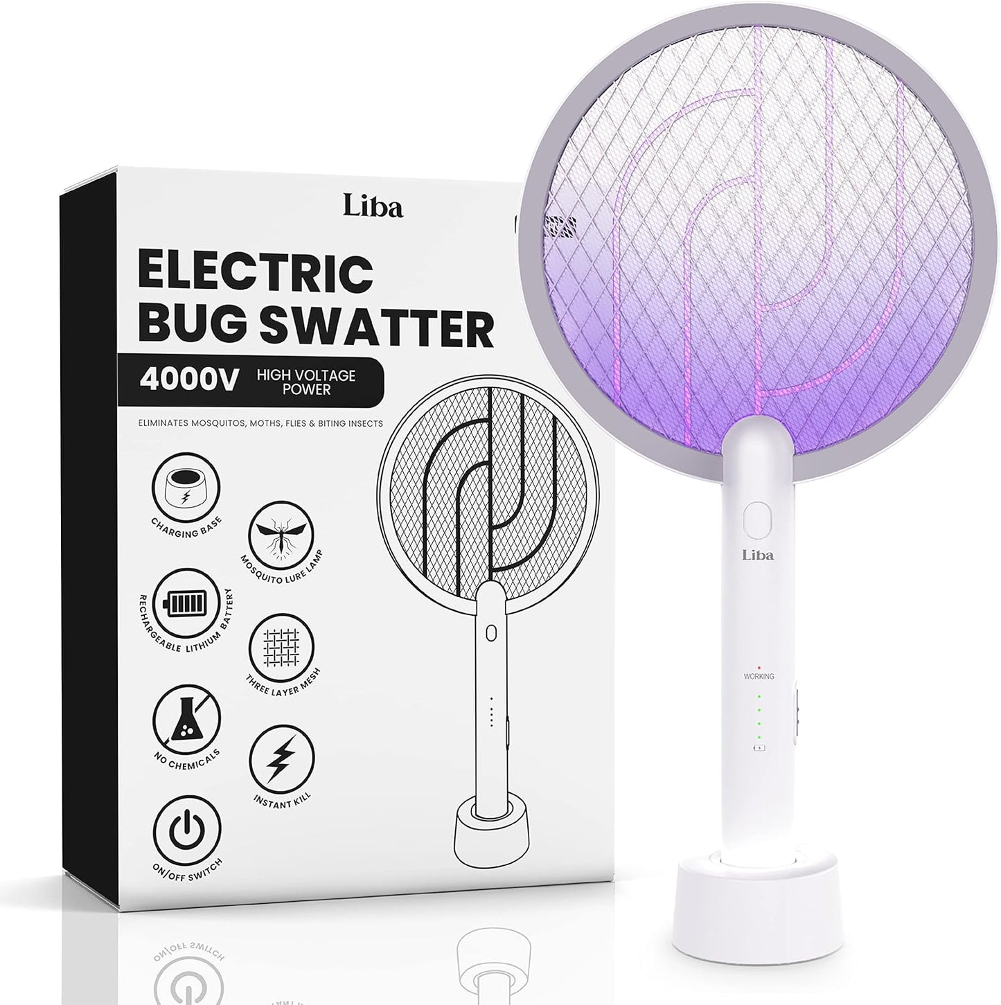 LiBa Electric Fly Swatter Racket, 2 in 1 Electric Bug Zapper USB Rechargeable, 4000V Indoor Outdoor Mosquitoes Zapper with 5 Layer Safety Mesh, Cordless Insect Killer Trap Home Office Camping Patio