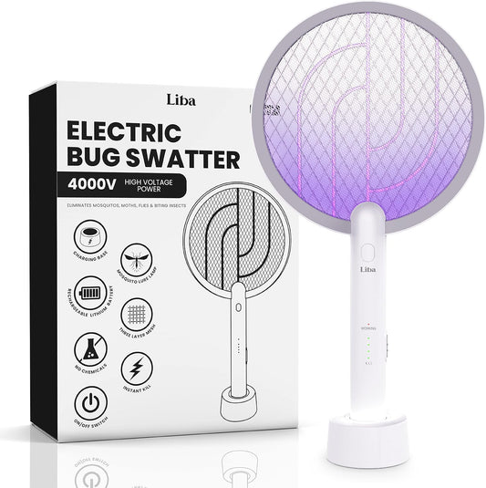 LiBa Electric Fly Swatter Racket, 2 in 1 Electric Bug Zapper USB Rechargeable, 4000V Indoor Outdoor Mosquitoes Zapper with 5 Layer Safety Mesh, Cordless Insect Killer Trap Home Office Camping Patio