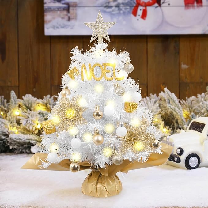 XmasExp Mini Christmas Tree with Lights White Small Christmas Tree Artificial Tabletop Xmas Decor Holiday Decoration for Home, Office, Party