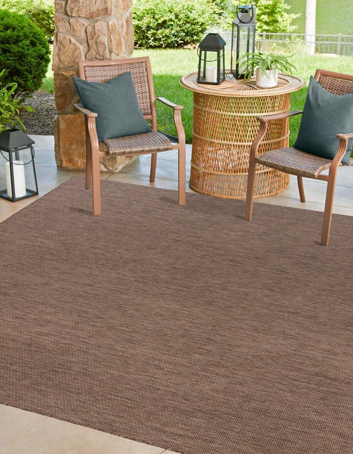 Unique Loom Outdoor Solid Collection Area Rug (7' 10" Square Light Brown/Ivory)