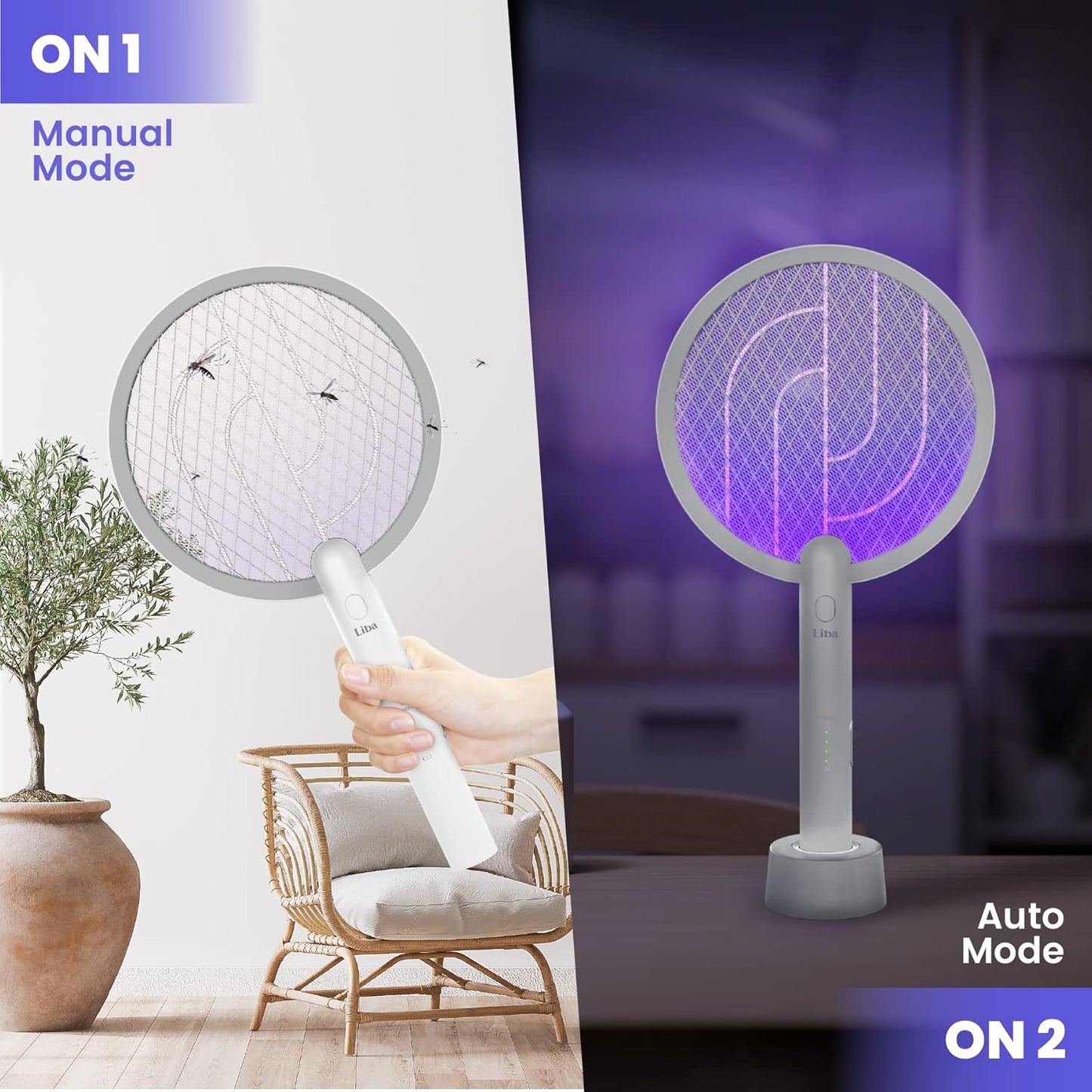 LiBa Electric Fly Swatter Racket, 2 in 1 Electric Bug Zapper USB Rechargeable, 4000V Indoor Outdoor Mosquitoes Zapper with 5 Layer Safety Mesh, Cordless Insect Killer Trap Home Office Camping Patio