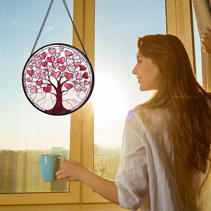 Stained Glass Window Hanging, Pink Love Heart Tree Suncatcher Hangings Beige Sun Catchers Decor for Birthday Holiday for Women, Men, Wife, Aunt, Mom 11.8IN