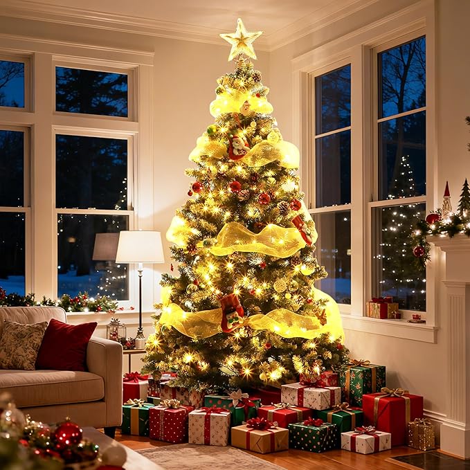 6ft Lighted Green Christmas Tree with Pine Cones, Snow Flocked Branches, and 300 Warm White LED Lights, Lush Realistic Artificial Xmas Tree with Sturdy Metal Stand for Indoor Holidays